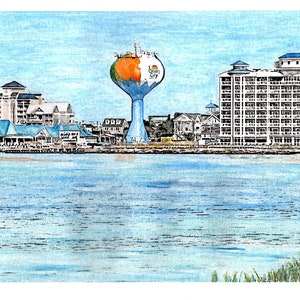 Ocean City Maryland Water Tower Print, OC Art, Rt. 50 Bridge, Eastern Shore Seascape
