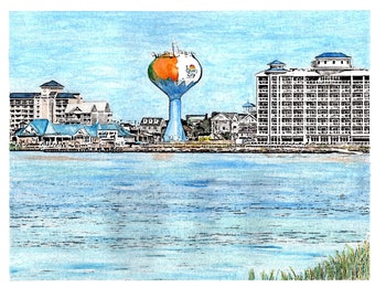 Ocean City Maryland Water Tower Print, OC Art, Rt. 50 Bridge, Eastern Shore Seascape