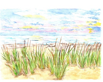 Beach Watercolor Print, Sand Dunes and Ocean Art, Summer Sunset Painting, Vacation Picture, Ocean City Maryland Sunrise, Sea Grasses