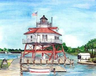 Drum Point Lighthouse Print, Solomon's Island Watercolor, Maryland Art, Seashore Home Decor Painting, Chesapeake Bay Waterscape Picture