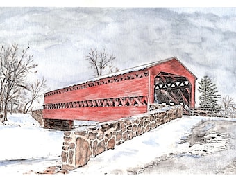 Sachs Covered Bridge Watercolor Print, Gettysburg Pennsylvania Art, Sauck's Bridge, Waterworks Bridge, Civil War Landmark