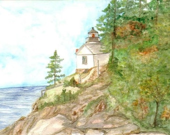 Bass Harbor Lighthouse, Bar Harbor, Maine Watercolor Print, New England Seaside Painting, Seashore Home Decor Wall Art, Beach Picture