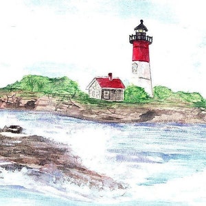 Impresión en acuarela del faro de Nauset: pintura de paisaje marino de Cape Cod