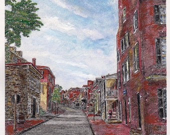 May include: A watercolor painting of a street scene in a historic city. The street is lined with brick buildings, some with balconies. The street is empty and the sky is cloudy.