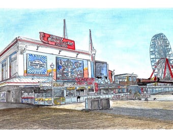 Ocean City Maryland Boardwalk Art, Matted Watercolor Print Thrashers French Fries, Ferris Wheel