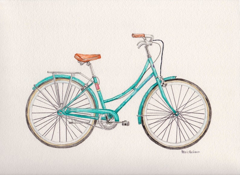 Bicycle Watercolor Print, Blue Bike Painting, Vintage Bicycle Art, Transportation Picture, Kids Room Wall Art, Wheels and Pedals for Child image 2