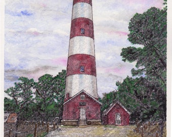 Assateague Lighthouse Watercolor Print, Assateague National Seashore Painting, Virginia and Maryland Art, Beach Picture, Chincoteague VA