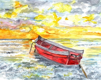 Fishing Boat on the Water at Sunrise Watercolor Print, Ocean Art, Seashore Morning