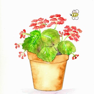 May include: A watercolor painting of a potted plant with red flowers and green leaves. A small bee is flying above the plant.