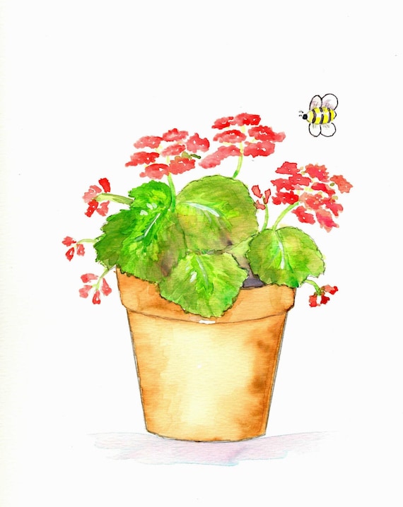 Geranium Watercolor Print, Bumblebee, Terra Cotta Pot, Summer Floral Art
