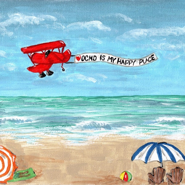 Ocean City, Maryland, Art Print, Beach Vacation Painting, Sky Plane and Banner Picture