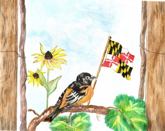 Maryland Art, Baltimore Oriole Print, Maryland State Flag Watercolor, Black-Eyed Susan Painting, MD State Bird and Flower Picture