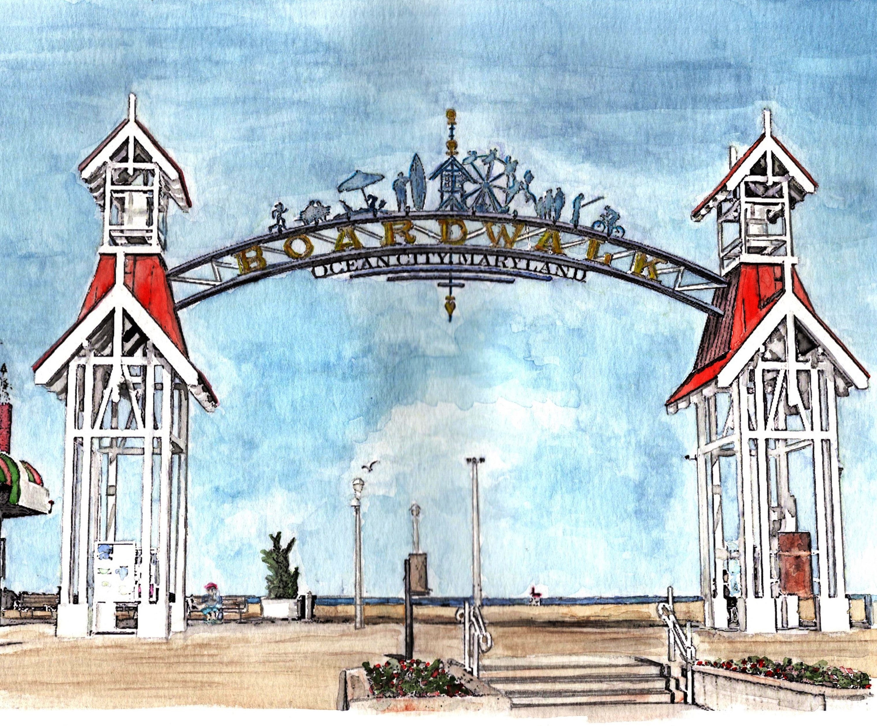 Ocean City Maryland Boardwalk Arch Watercolor Print image