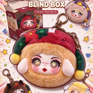 May include: Angels & Demons Blind Box featuring a plush clip-on with a round face, large star-patterned eyes, and a red and green jester-style hood. The set includes a cardboard box and multiple plush character keychains with metal clasps.