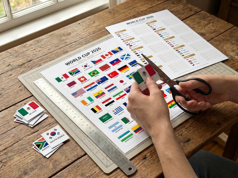 May include: A person is cutting out a small Mexican flag from a sheet of paper labelled "WORLD CUP 2026". The paper displays various national flags. A metal ruler and other flag cutouts are also visible.