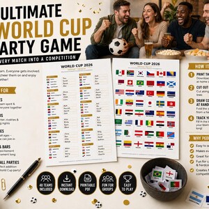 May include: A World Cup party game with the text "The Ultimate World Cup Party Game." The game includes printable sheets, team cutouts, and a tracker. The image shows people enjoying the game with a soccer ball.