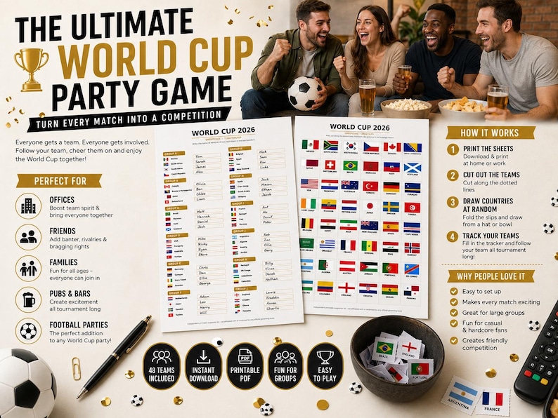 May include: A World Cup party game with the text "The Ultimate World Cup Party Game." The game includes printable sheets, team cutouts, and a tracker. The image shows people enjoying the game with a soccer ball.