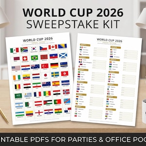 May include: Two printable World Cup 2026 sweepstake kits. One sheet displays flags of participating countries. The other sheet has group assignments. A mug with a football design and a pen are also visible.