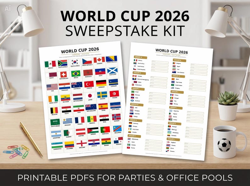 May include: Two printable World Cup 2026 sweepstake kits. One sheet displays flags of participating countries. The other sheet has group assignments. A mug with a football design and a pen are also visible.