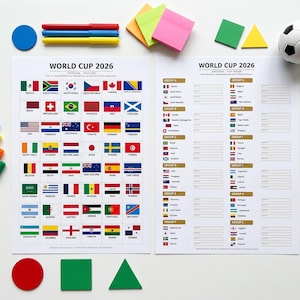 May include: Two sheets with the text "WORLD CUP 2026" and flags of different countries. A football, coloured markers, sticky notes, and geometric shapes are scattered around the sheets.