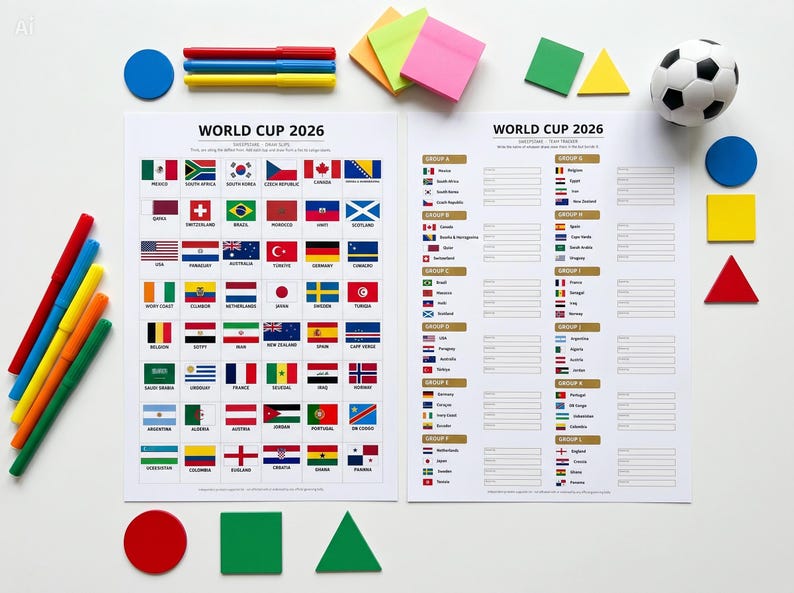 May include: Two sheets with the text "WORLD CUP 2026" and flags of different countries. A football, coloured markers, sticky notes, and geometric shapes are scattered around the sheets.