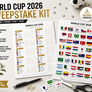May include: A World Cup 2026 Sweepstake Kit, featuring a printable PDF with 48 teams. The image displays two sheets with country flags and group assignments, alongside scissors, a pen, and small flag cutouts. A football and a pint of beer are also visible.