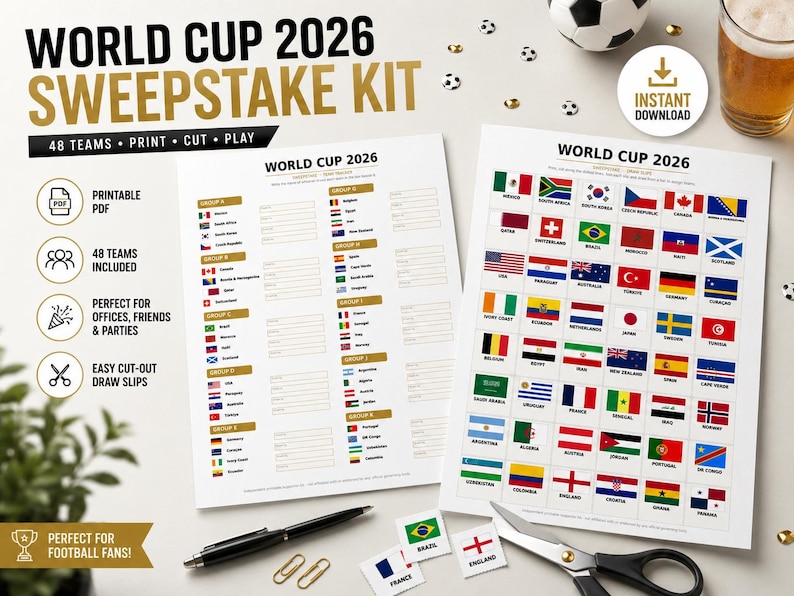May include: A World Cup 2026 Sweepstake Kit, featuring a printable PDF with 48 teams. The image displays two sheets with country flags and group assignments, alongside scissors, a pen, and small flag cutouts. A football and a pint of beer are also visible.