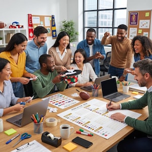 May include: A group of people are gathered around a wooden table in an office. They are laughing and working on a project related to the World Cup 2026. There are laptops, papers, and office supplies on the table, including pens and scissors.