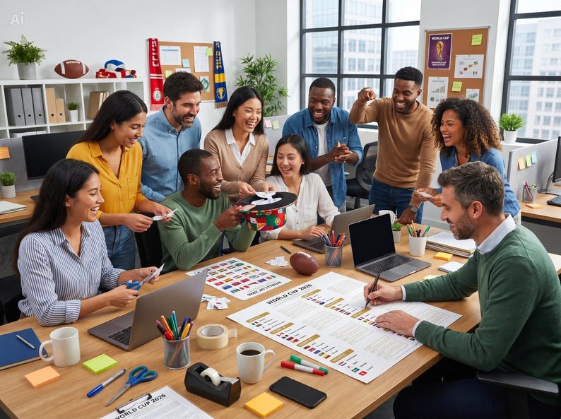 May include: A group of people are gathered around a wooden table in an office. They are laughing and working on a project related to the World Cup 2026. There are laptops, papers, and office supplies on the table, including pens and scissors.