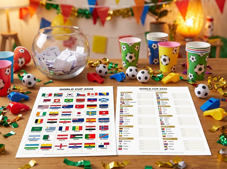 May include: A celebratory display featuring soccer-themed party items. Includes paper cups with soccer ball patterns, miniature footballs, whistles, and two sheets with the text "WORLD CUP 2026" and flags of participating nations. A glass bowl contains folded papers.
