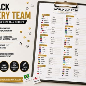 May include: A World Cup 2026 team tracker on a clipboard. The black and white document includes a list of teams, flags, and names. The text reads "Track Every Team" and "World Cup 2026 Team Tracker". A black pen, football, and gold paper clips are also visible.