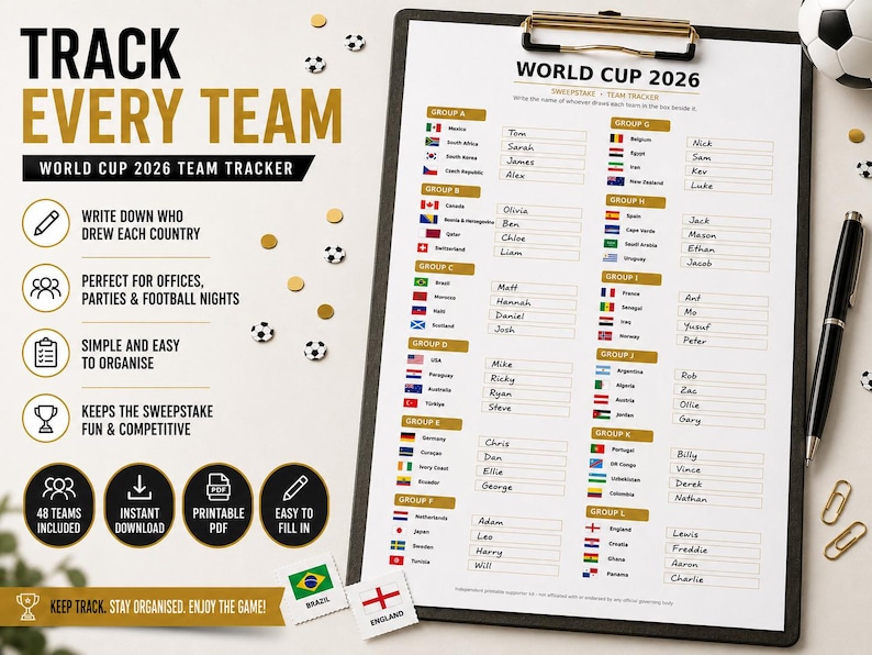 May include: A World Cup 2026 team tracker on a clipboard. The black and white document includes a list of teams, flags, and names. The text reads "Track Every Team" and "World Cup 2026 Team Tracker". A black pen, football, and gold paper clips are also visible.
