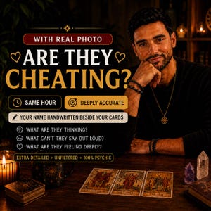 May include: A promotional graphic featuring a man with a beard and a black sweater, with text reading: WITH REAL PHOTO, ARE THEY CHEATING?, SAME HOUR, DEEPLY ACCURATE, YOUR NAME HANDWRITTEN BESIDE YOUR CARDS, WHAT ARE THEY THINKING, FEELING, AND HIDING.