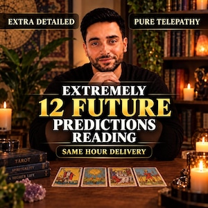 Puede incluir: Una persona sentada tras una mesa de madera con cuatro cartas del tarot extendidas. El texto en la imagen dice: EXTRA DETAILED, PURE TELEPATHY, EXTREMELY 12 FUTURE PREDICTIONS READING, SAME HOUR DELIVERY. Libros titulados TAROT, SPIRITUALITY son visibles.