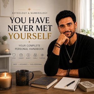 Könnte beinhalten: Ein Buch mit dem Titel Astrology & Numerology: You Have Never Met Yourself, Your Complete Personal Handbook, mit Symbolen für Liebe, Karriere, Geld, Familie und Zweck. Enthält eine schwarze Tasse, ein Notizbuch, einen Stift und Karten.
