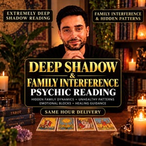 Könnte beinhalten: Eine Werbeanzeige für eine psychische Lesung mit einer Person hinter einem Tisch mit vier Tarotkarten, Kerzen und Büchern. Der Text lautet: DEEP SHADOW & FAMILY INTERFERENCE PSYCHIC READING, HIDDEN FAMILY DYNAMICS, UNHEALTHY PATTERNS, EMOTIONAL BLOCKS, HEALING GUIDANCE und SAME HOUR DELIVERY.