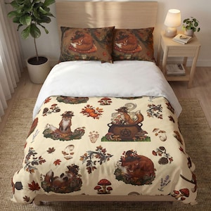 Set copripiumino con volpe strega, biancheria da letto con funghi in stile cottagecore, piumone autunnale a tema bosco, decorazioni autunnali per la casa.