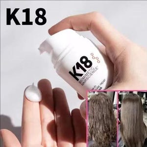 May include: A white K18 Biomimetic Hairscience leave-in molecular repair hair mask bottle with a pump dispenser. A small amount of white cream is visible on a fingertip. An inset shows a before and after comparison of wavy brown hair.