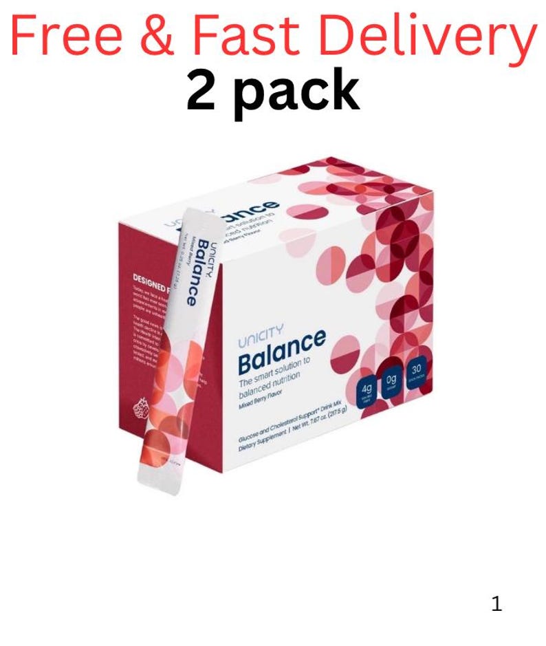 Pode incluir: Uma caixa de suplemento alimentar Unicity Balance e uma saqueta individual. A embalagem &eacute; branca e vermelho-escura com um padr&atilde;o circular. O texto inclui Unicity Balance, The smart solution to balanced nutrition, Mixed Berry Flavor e Net Wt. 223 g.