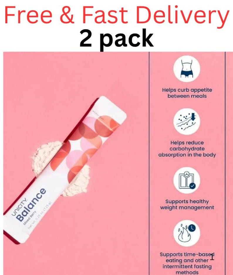 Pode incluir: Um pacote com 2 saquetas de suplemento alimentar Unicity Balance Mixed Berry. A embalagem &eacute; branca com um padr&atilde;o circular vermelho e rosa. O texto inclui 'Unicity Balance Mixed Berry' e 'Net Wt. 0.25 oz (7.25 g)'. &Iacute;cones ilustram benef&iacute;cios.