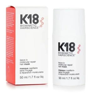 May include: A white K18 Biomimetic Hairscience leave-in molecular repair hair mask bottle and its matching rectangular box. Both items feature black text, a red accent on the box side, and a volume of 50 ml / 1.7 fl oz liq printed on the front.