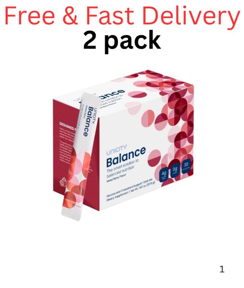 Pode incluir: Uma caixa de suplemento alimentar Unicity Balance e uma saqueta individual. A embalagem &eacute; branca e vermelho-escura com um padr&atilde;o circular. O texto inclui Unicity Balance, The smart solution to balanced nutrition, Mixed Berry Flavor e Net Wt. 223 g.