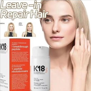 May include: A white cylindrical pump bottle of K18 Biomimetic Hairscience leave-in molecular repair hair mask next to its orange and white box. The packaging features the text Leave-in Repair Hair, K18, and 50 ml/1.7 fl oz liq.