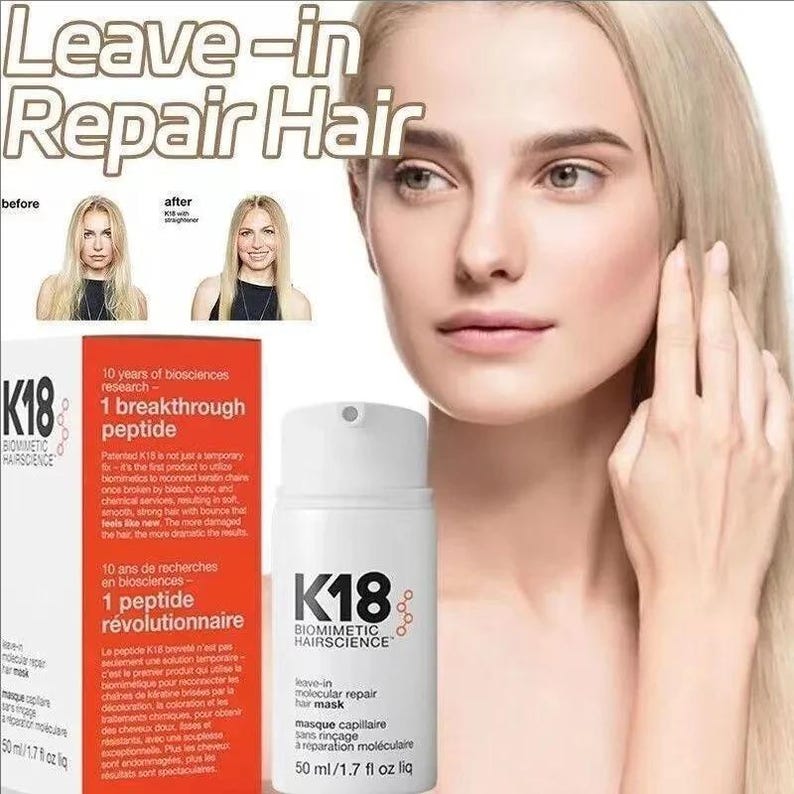 May include: A white cylindrical pump bottle of K18 Biomimetic Hairscience leave-in molecular repair hair mask next to its orange and white box. The packaging features the text Leave-in Repair Hair, K18, and 50 ml/1.7 fl oz liq.
