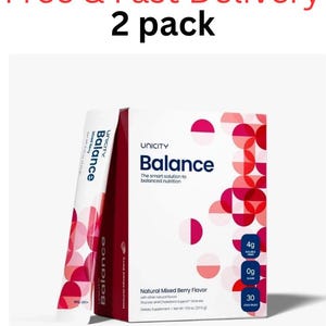 Pode incluir: Um pacote com 2 caixas de suplemento alimentar Unicity Balance sabor frutas vermelhas. A embalagem branca apresenta texto azul escuro, padr&otilde;es circulares vermelhos e rosas, e r&oacute;tulos indicando 4g de fibra, 0g de a&ccedil;&uacute;car e 30 sach&ecirc;s.