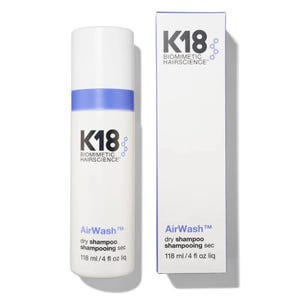 May include: A white cylindrical bottle and a matching rectangular box of K18 Biomimetic Hairscience AirWash dry shampoo. Both items feature black and blue text, including the product name, brand, and the volume of 118 ml / 4 fl oz liq.