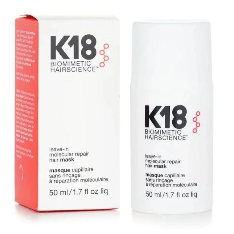 May include: A white K18 Biomimetic Hairscience leave-in molecular repair hair mask bottle and its matching rectangular box. Both items feature black text, a red accent on the box side, and a volume of 50 ml / 1.7 fl oz liq printed on the front.