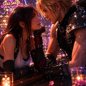 Peut inclure: Illustration numérique de Cloud et Tifa de Final Fantasy VII, se regardant. L'arrière-plan présente l'enseigne Gold Saucer, des feux d'artifice et des lumières de la ville. La scène se déroule dans un bar avec une table éclairée aux chandelles.