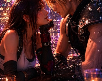 Final Fantasy 7 Cloud and Tifa Gold Saucer Digital Poster, HD Print FF7, Romantic Geek Wall Decor, Downloadable Digital Art