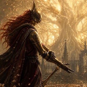 Peut inclure: Un guerrier aux longs cheveux roux porte un casque ailé métallique et une armure dorée ornée sur une cape rouge foncé. La silhouette se tient dans un champ de fleurs blanches avec un grand arbre lumineux et des ruines en arrière-plan.